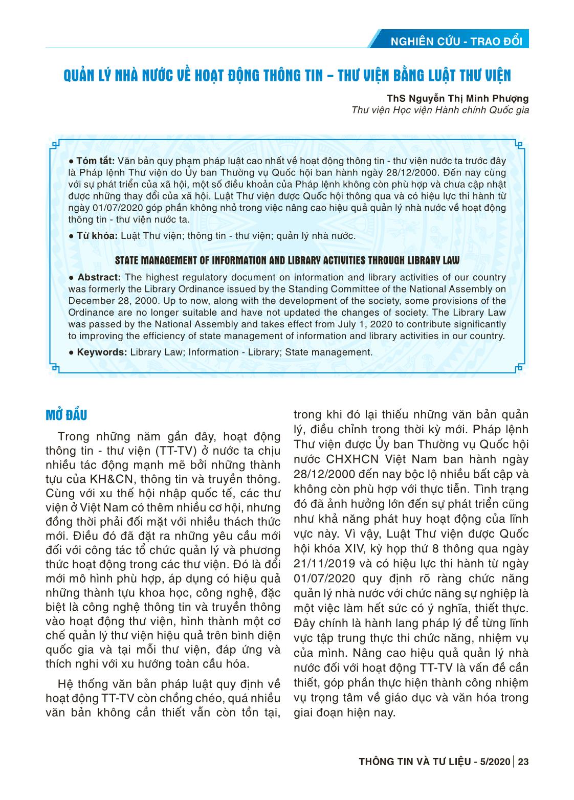 Quản lý nhà nước về hoạt động thông tin - thư viện bằng luật thư viện trang 1