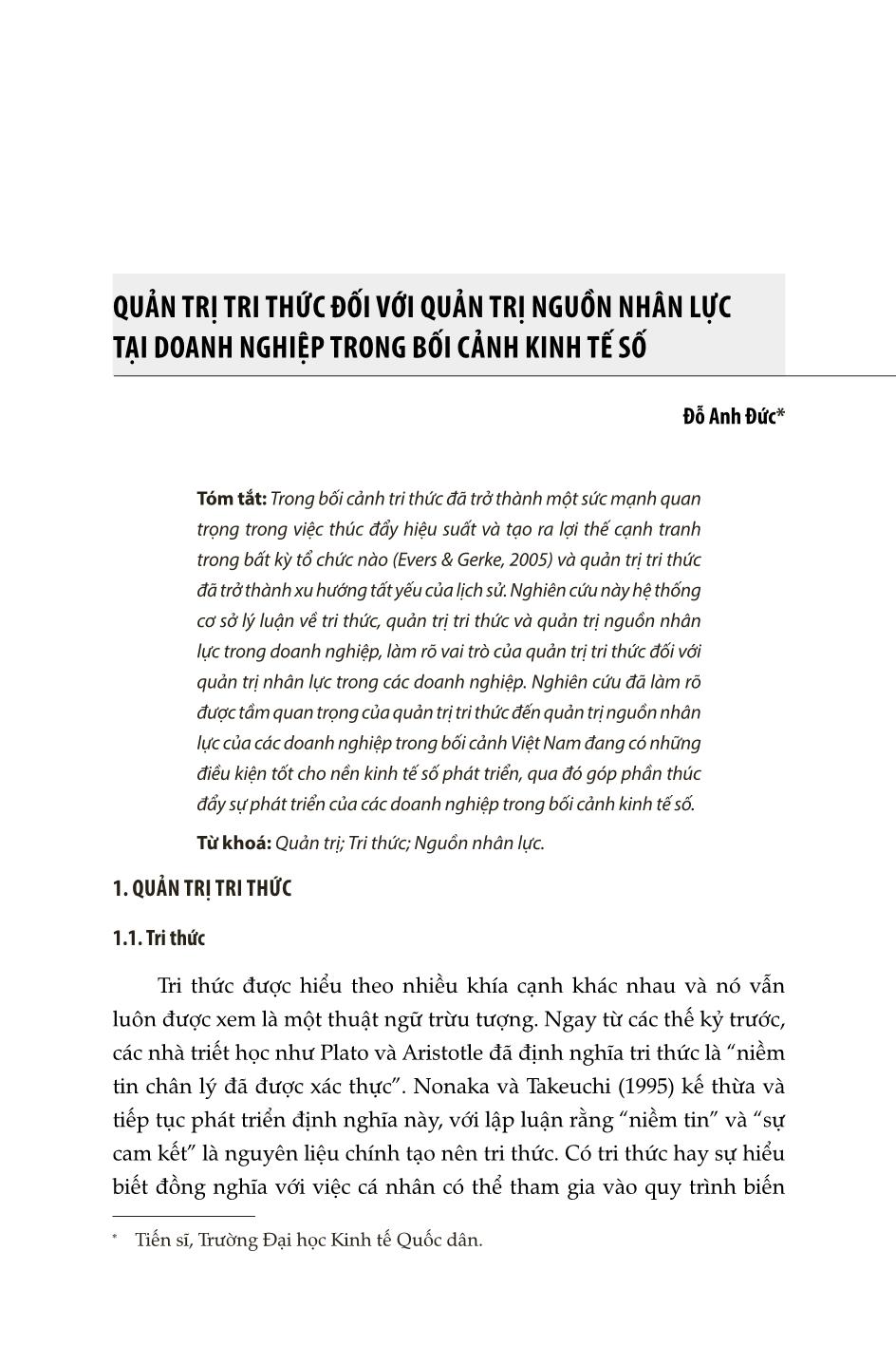 Quản trị tri thức đối với quản trị nguồn nhân lực tại doanh nghiệp trong bối cảnh kinh tế số trang 1