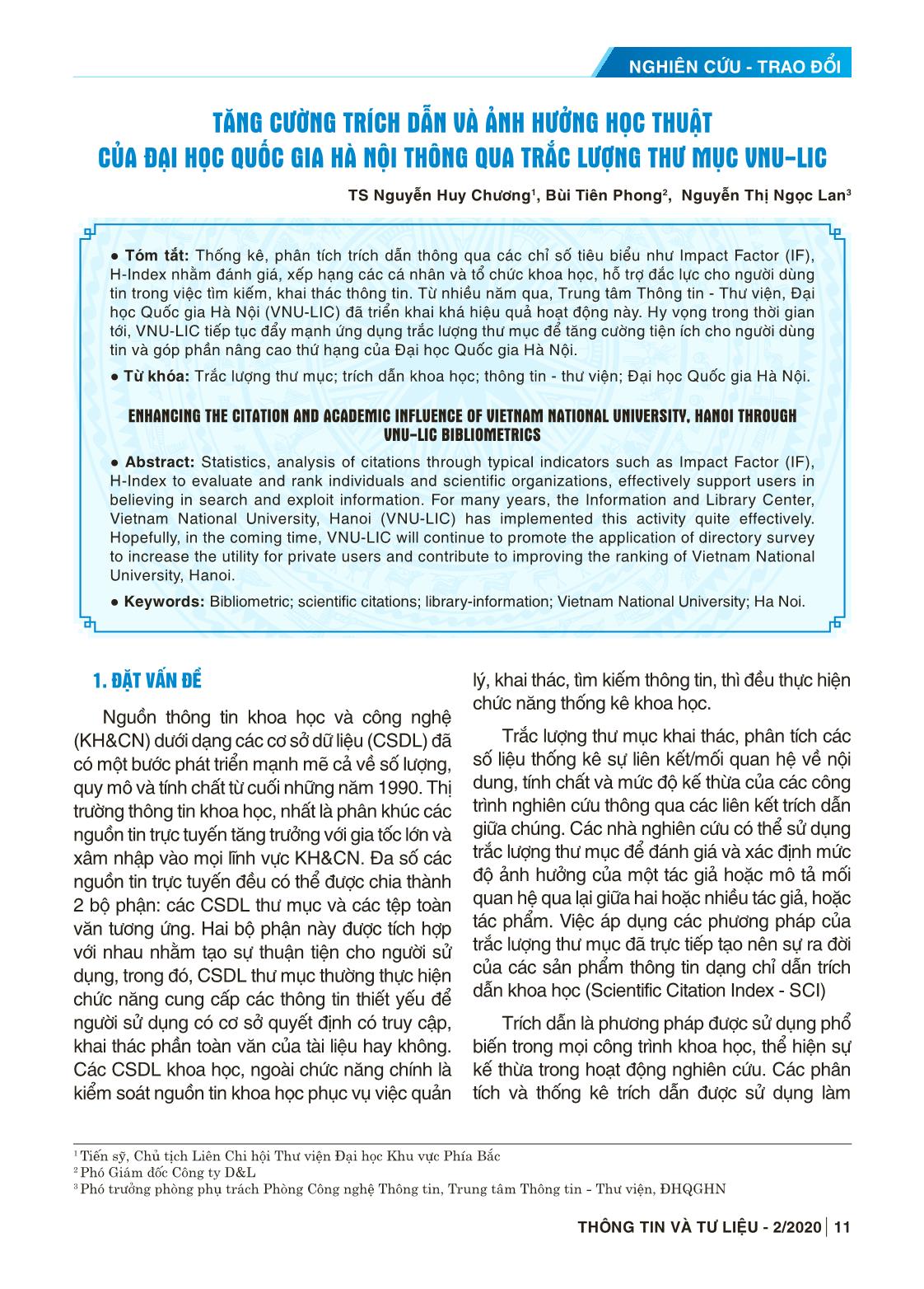 Tăng cường trích dẫn và ảnh hưởng học thuật của đại học Quốc gia Hà Nội thông qua trắc lượng thư mục VNU-LIC trang 1