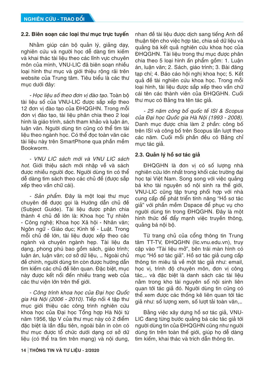 Tăng cường trích dẫn và ảnh hưởng học thuật của đại học Quốc gia Hà Nội thông qua trắc lượng thư mục VNU-LIC trang 4