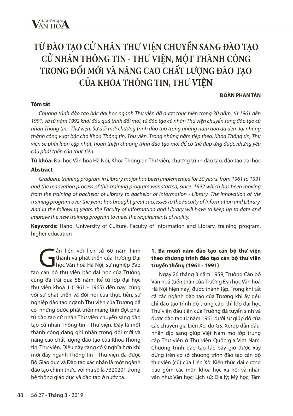 Từ đào tạo cử nhân thư viện chuyển sang đào tạo cử nhân thông tin - thư viện, một thành công trong đổi mới và nâng cao chất lượng đào tạo của khoa thông tin, thư viện trang 1