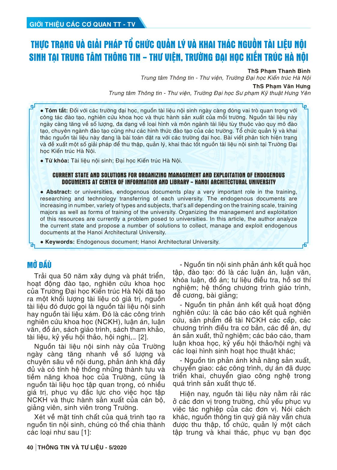 Thực trạng và giải pháp tổ chức quản lý và khai thác nguồn tài liệu nội sinh tại trung tâm thông tin - thư viện, trường Đại học Kiến trúc Hà Nội trang 1