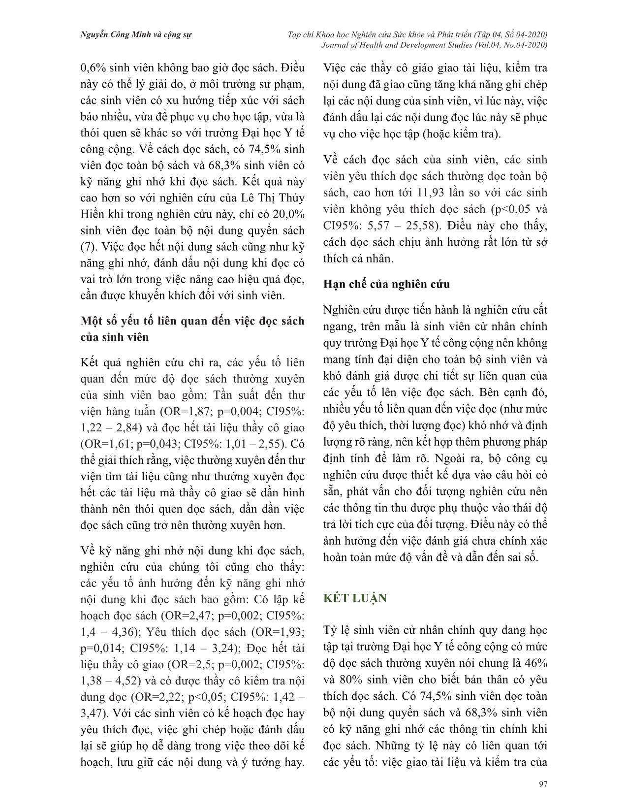 Thực trạng và một số yếu tố liên quan đến việc đọc sách của sinh viên cử nhân chính quy Trường Đại học Y tế Công Cộng năm 2019 trang 8