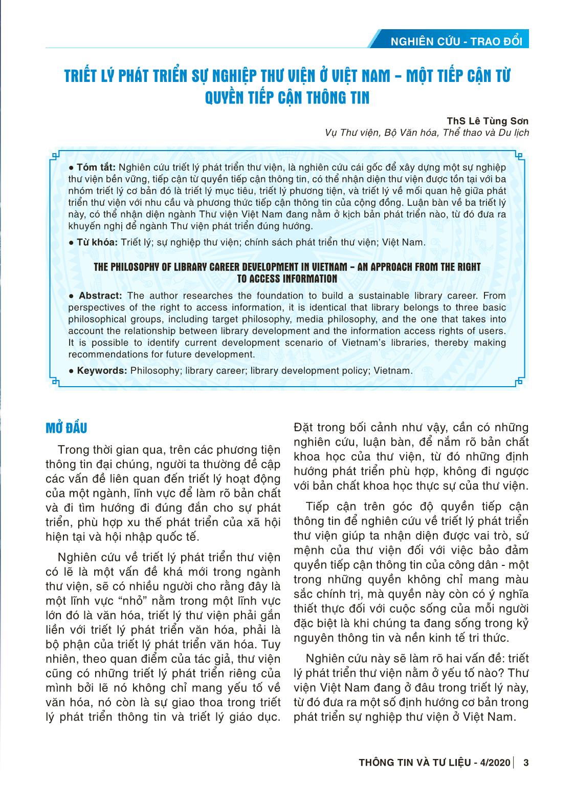 Triết lý phát triển sự nghiệp thư viện ở Việt Nam - Một tiếp cận từ quyền tiếp cận thông tin trang 1