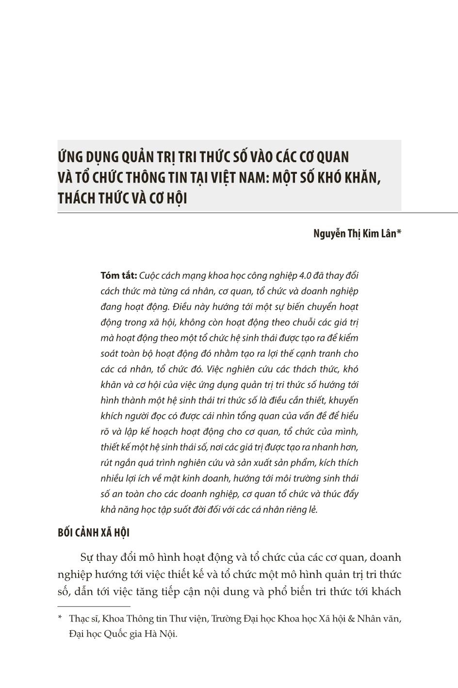 Ứng dụng quản trị tri thức số vào các cơ quan và tổ chức thông tin tại Việt Nam: Một số khó khăn,  thách thức và cơ hội trang 1