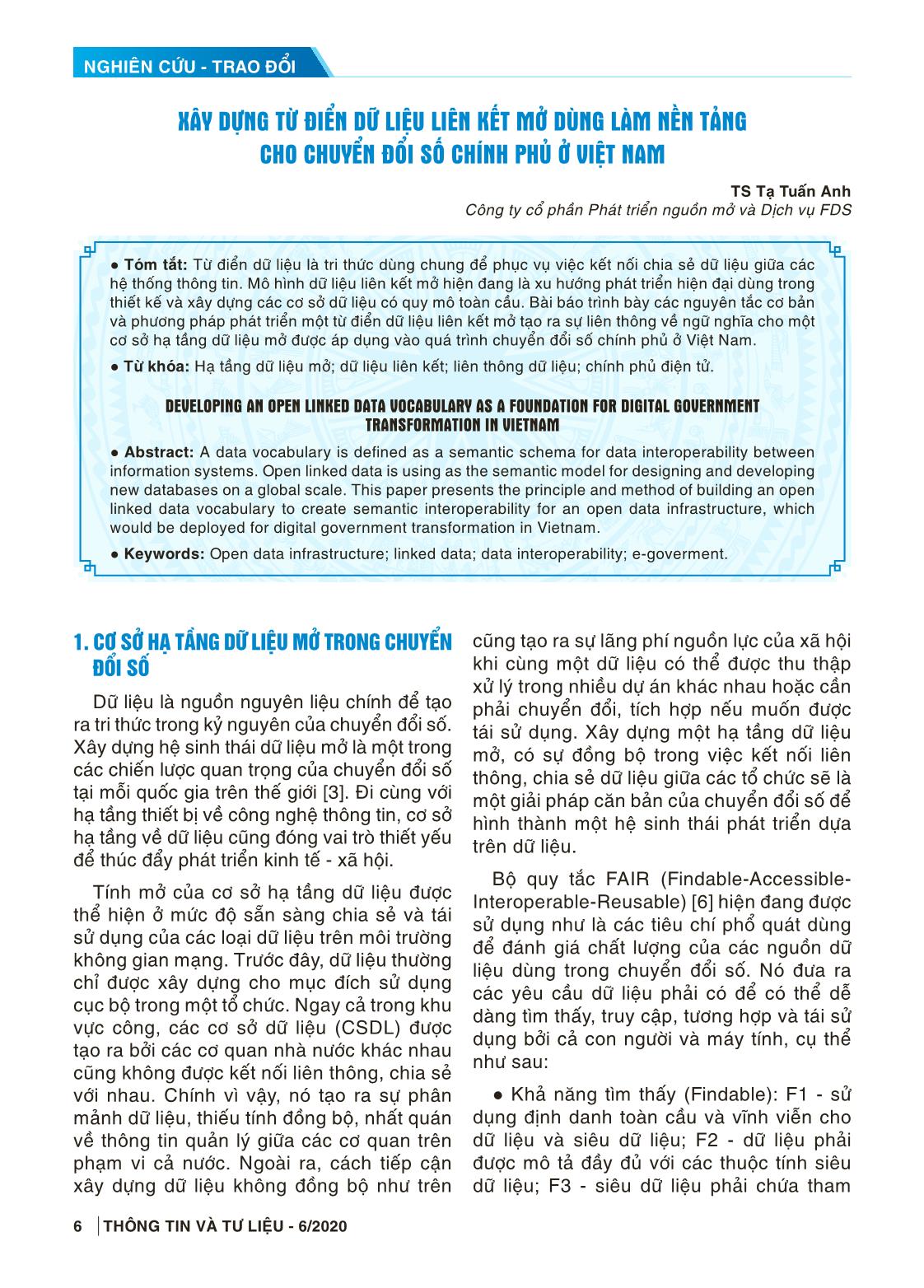 Xây dựng từ điển dữ liệu liên kết mở dùng làm nền tảng cho chuyển đổi số chính phủ ở Việt Nam trang 1