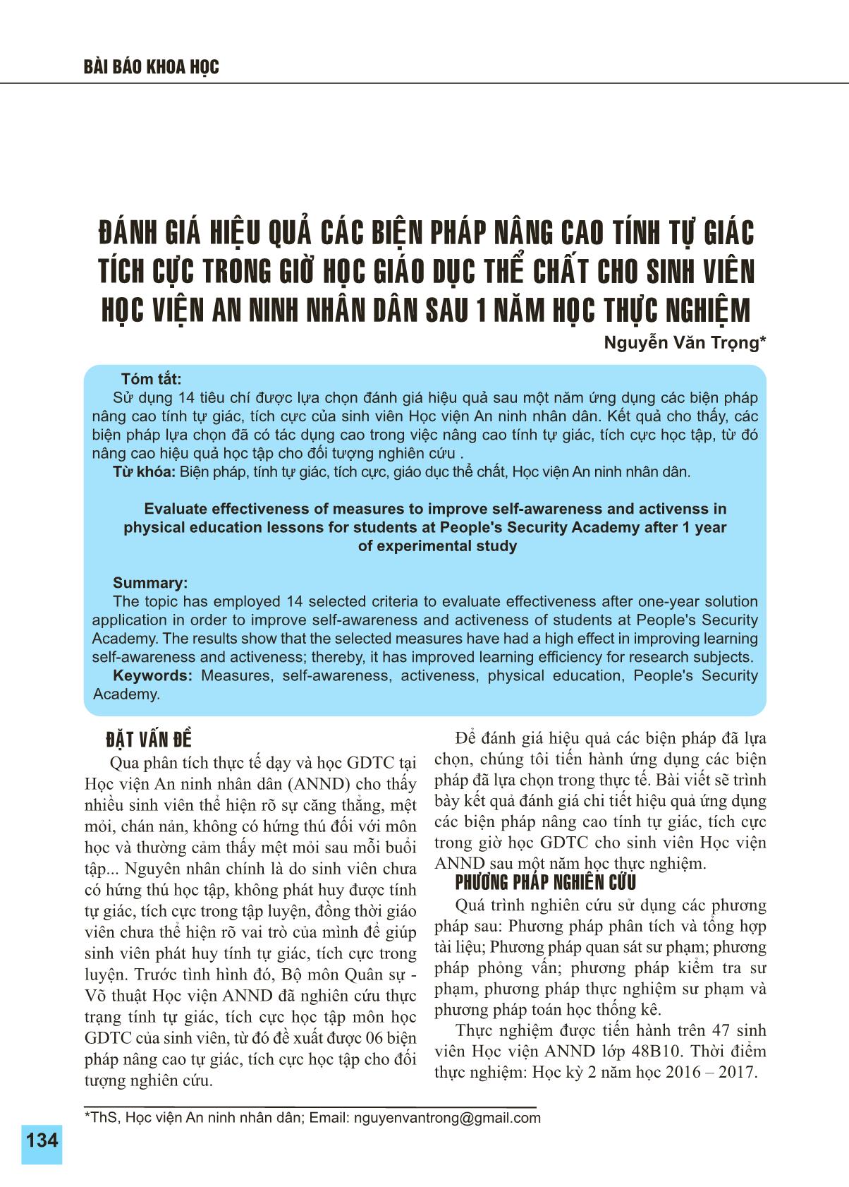 Đánh giá hiệu quả các biện pháp nâng cao tính tự giác tích cực trong giờ học giáo dục thể chất cho sinh viên học viện An ninh nhân dân sau 1 năm học thực nghiệm trang 1