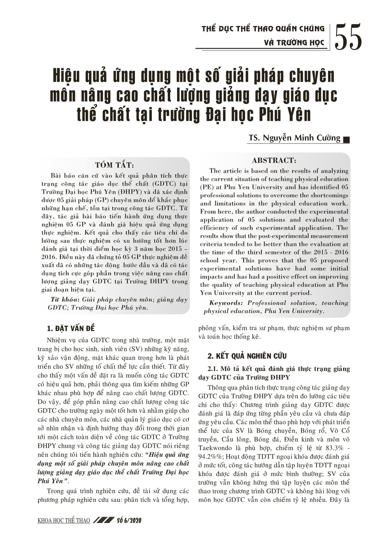 Hiệu quả ứng dụng một số giải pháp chuyên môn nâng cao chất lượng giảng dạy giáo dục thể chất tại trường Đại học Phú Yên trang 1