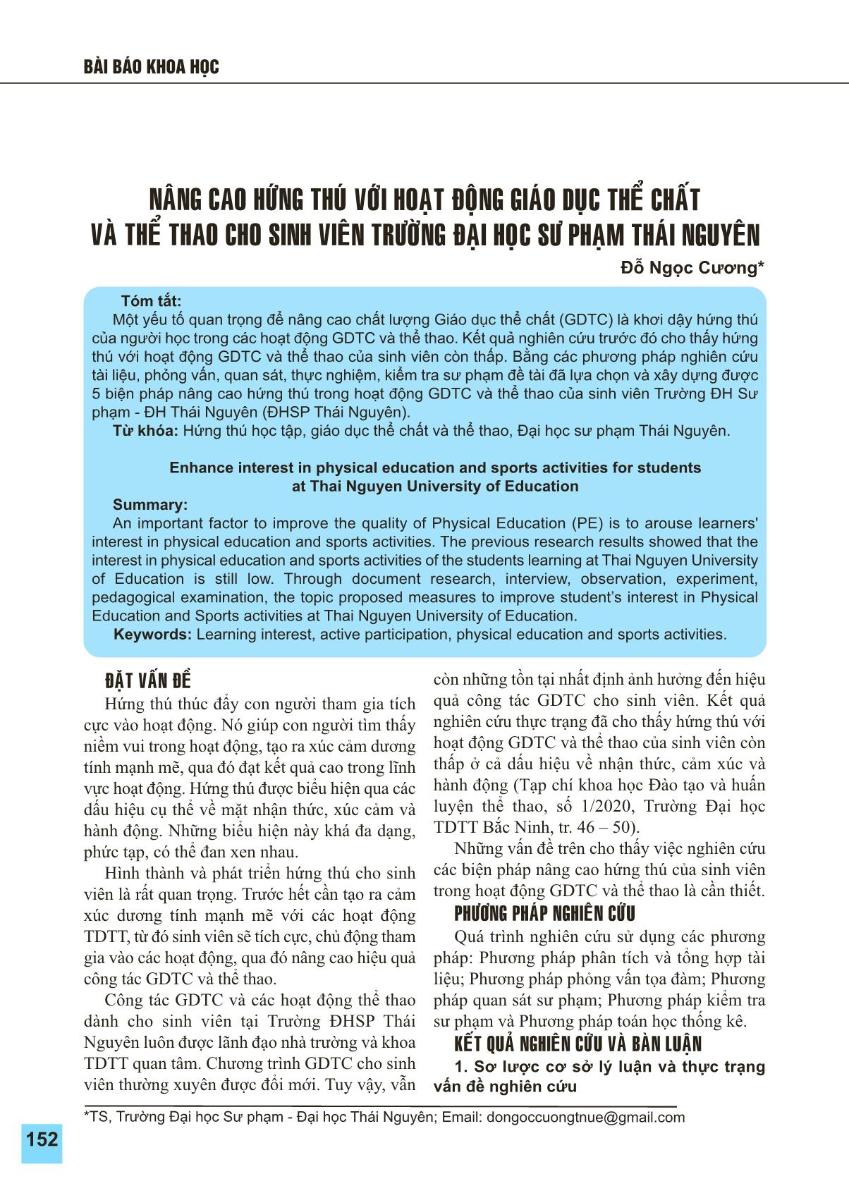 Nâng cao hứng thú với hoạt động giáo dục thể chất và thể thao cho sinh viên trường Đại học Sư phạm Thái Nguyên trang 1