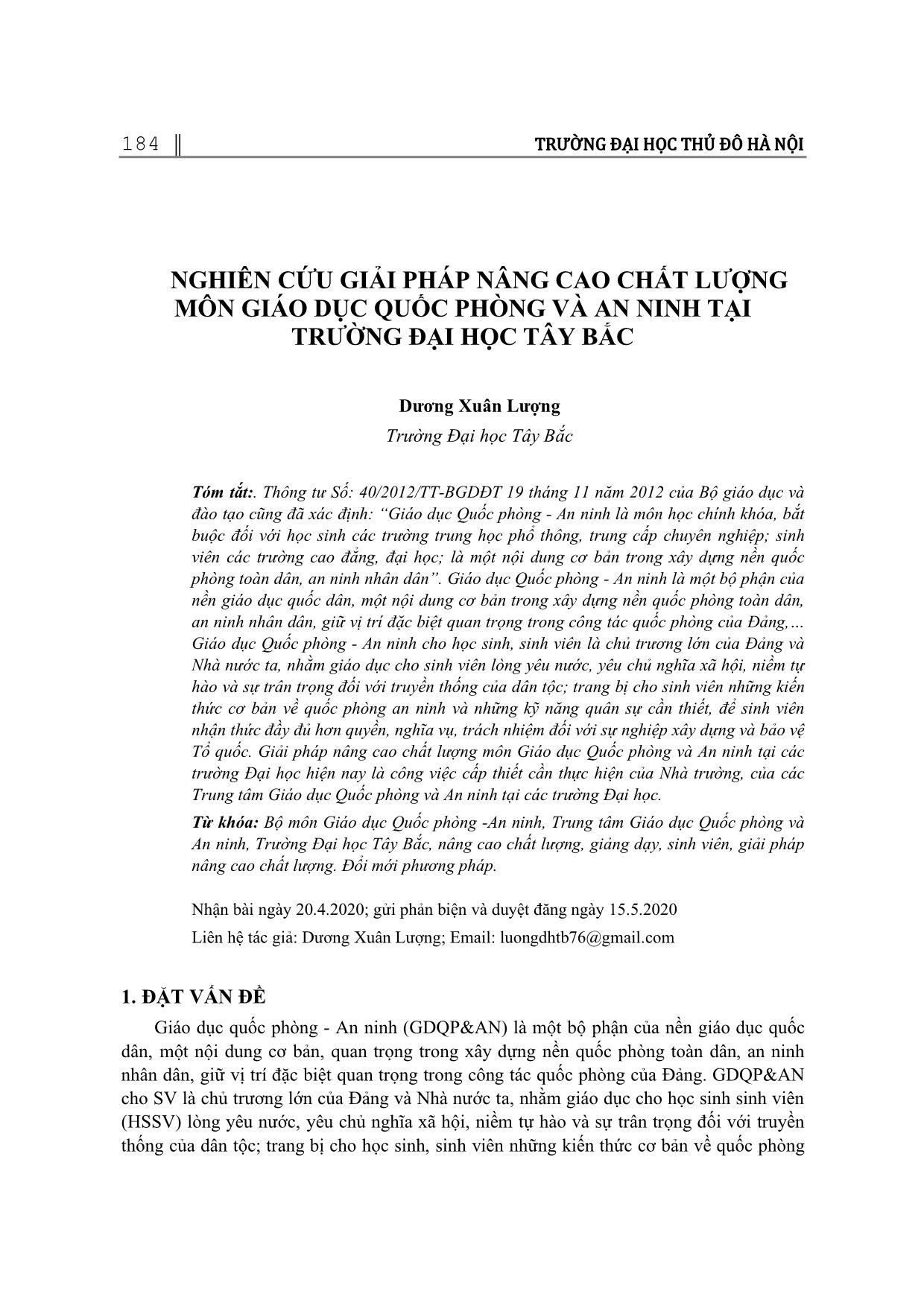 Nghiên cứu giải pháp nâng cao chất lượng môn Giáo dục quốc phòng và an ninh tại trường Đại học Tây Bắc trang 1