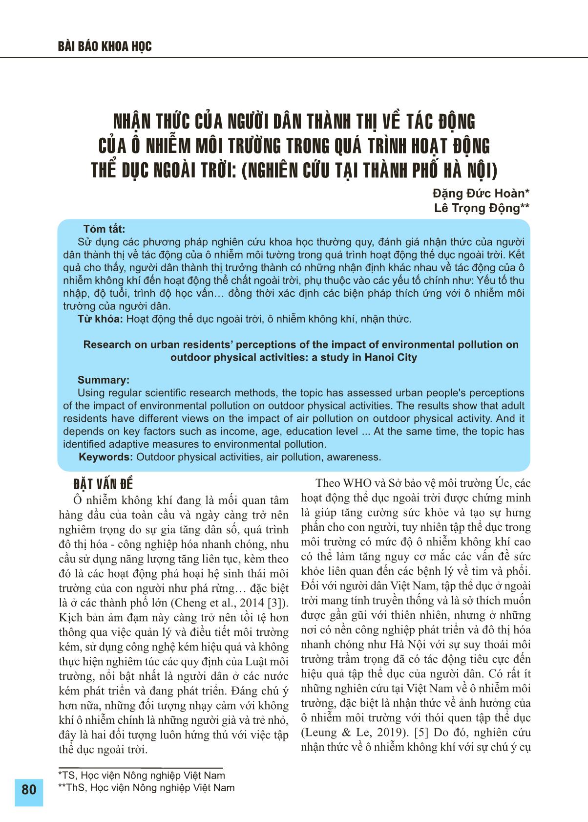 Nhận thức của người dân thành thị về tác động của ô nhiễm môi trường trong quá trình hoạt động thể dục ngoài trời (nghiên cứu tại thành phố Hà Nội) trang 1