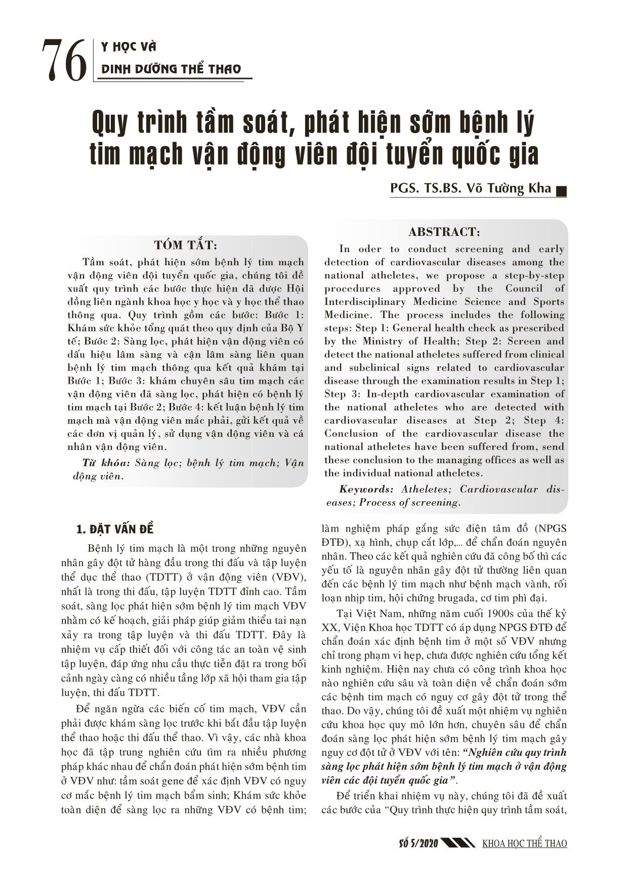 Quy trình tầm soát, phát hiện sớm bệnh lý tim mạch vận động viên đội tuyển quốc gia trang 1