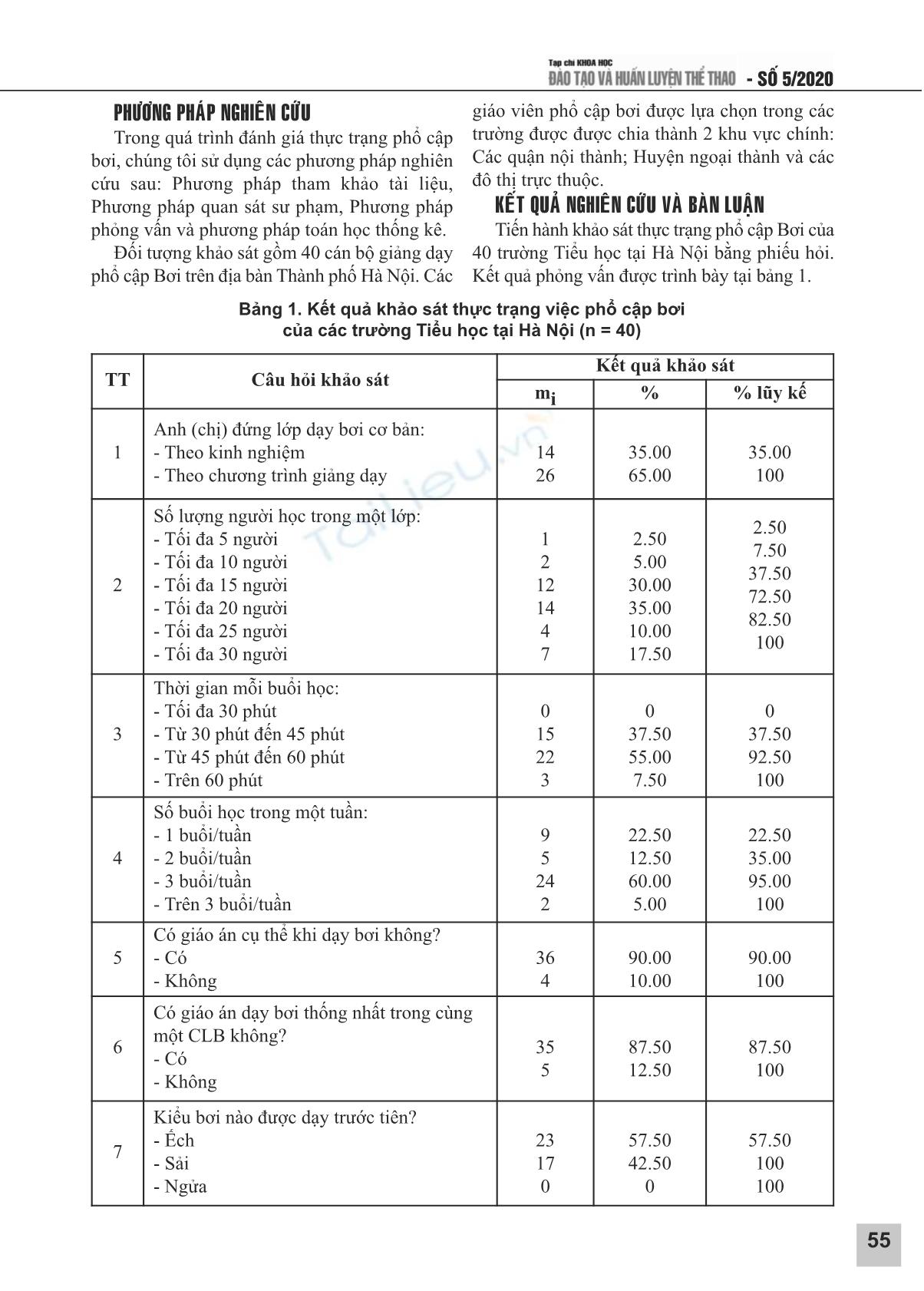 Thực trạng phổ cập bơi cho học sinh 9-11 tuổi tại thành phố Hà Nội theo đánh giá của giáo viên dạy bơi trang 2