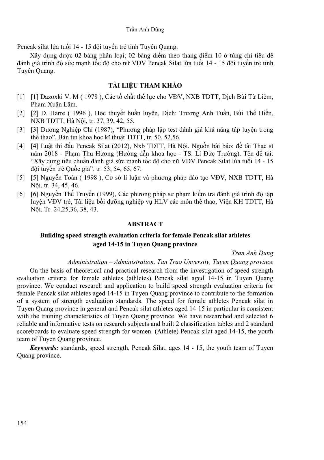 Xây dựng tiêu chuẩn đánh giá sức mạnh tốc độ cho nữ vận động viên pPncak Silat lứa tuổi 14 - 15 đội tuyển trẻ tỉnh Tuyên Quang trang 10