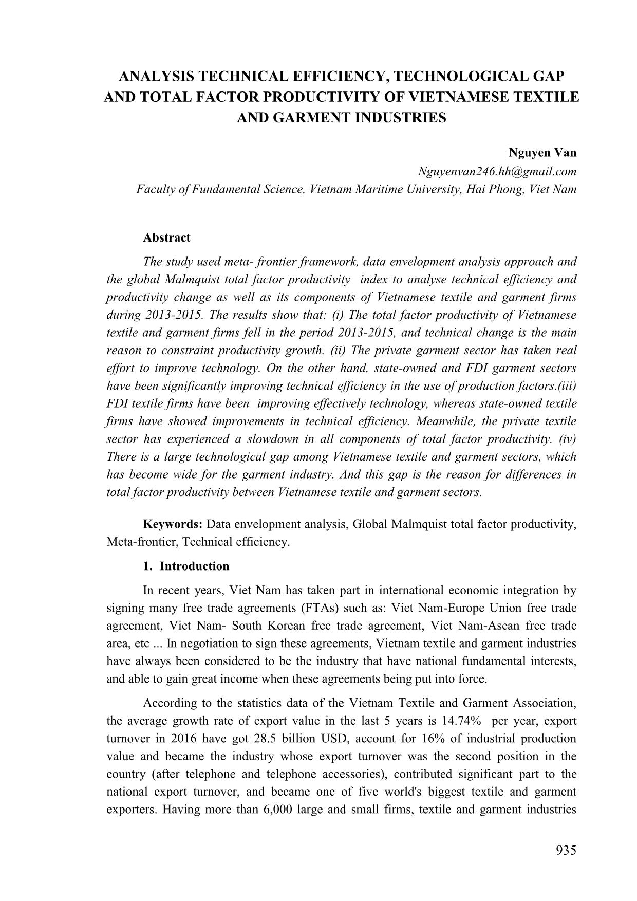 Analysis technical efficiency, technological gap and total factor productivity of vietnamese textile and garment industries trang 1