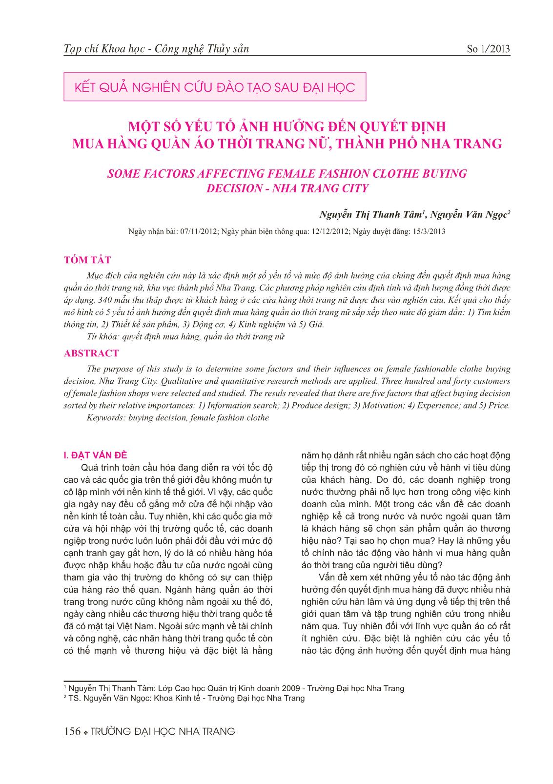 Một số yếu tố ảnh hưởng đến quyết định mua hàng quần áo thời trang nữ, thành phố Nha Trang trang 1