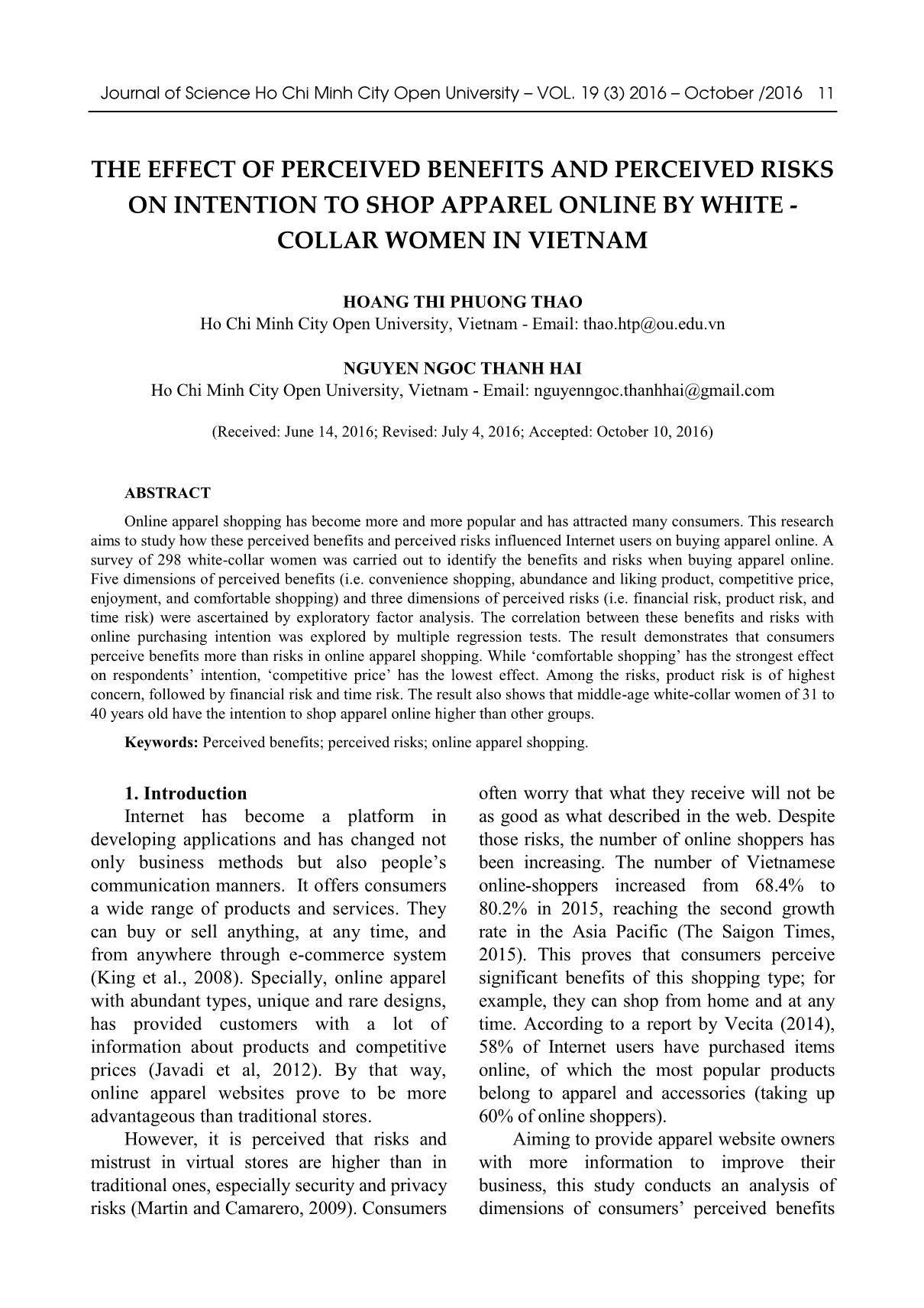 The effect of perceived benefits and perceived risks on intention to shop apparel online by white - collar women in Viet Nam trang 1