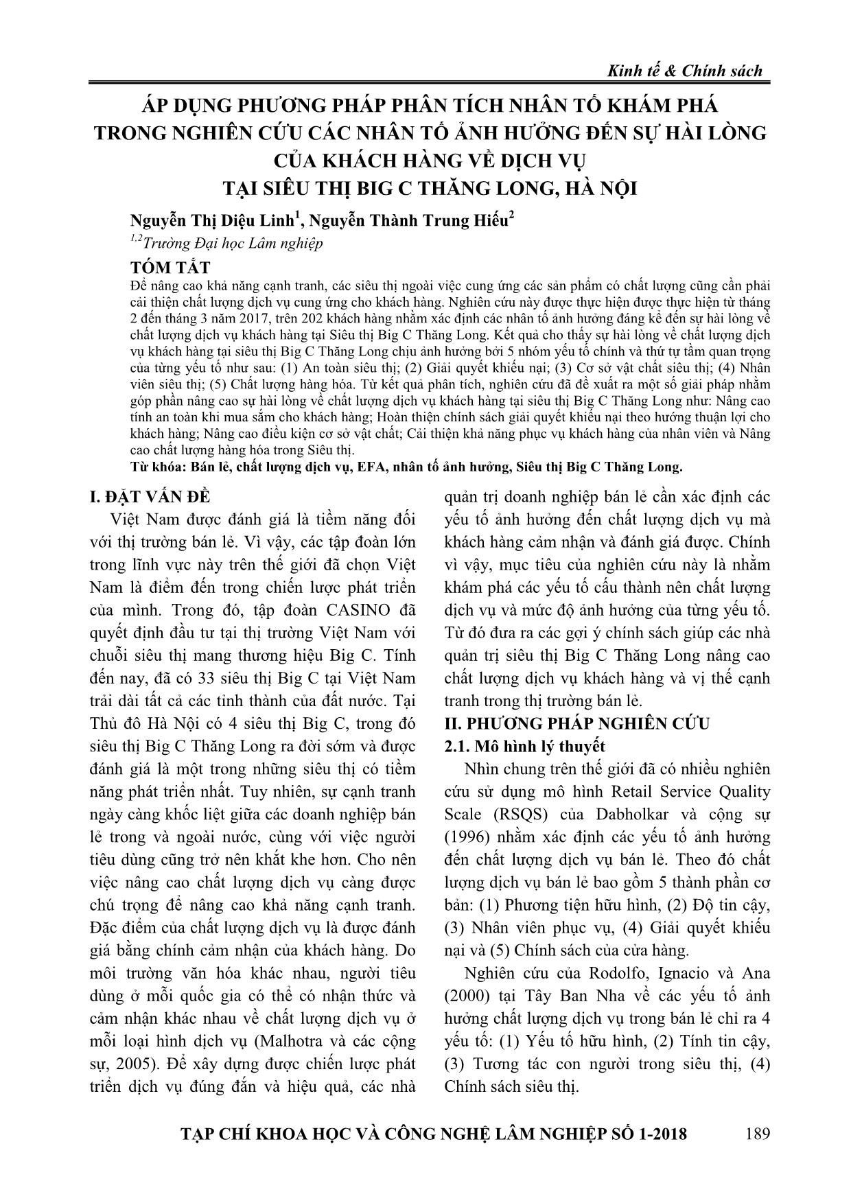 Áp dụng phương pháp phân tích nhân tố khám phá trong nghiên cứu các nhân tố ảnh hưởng đến sự hài lòng của khách hàng về dịch vụ tại siêu thị Big C Thăng Long, Hà Nội trang 1