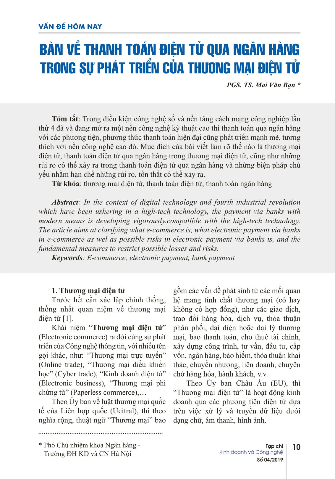 Bàn về thanh toán điện tử qua ngân hàng trong sự phát triển của thương mại điện tử trang 1