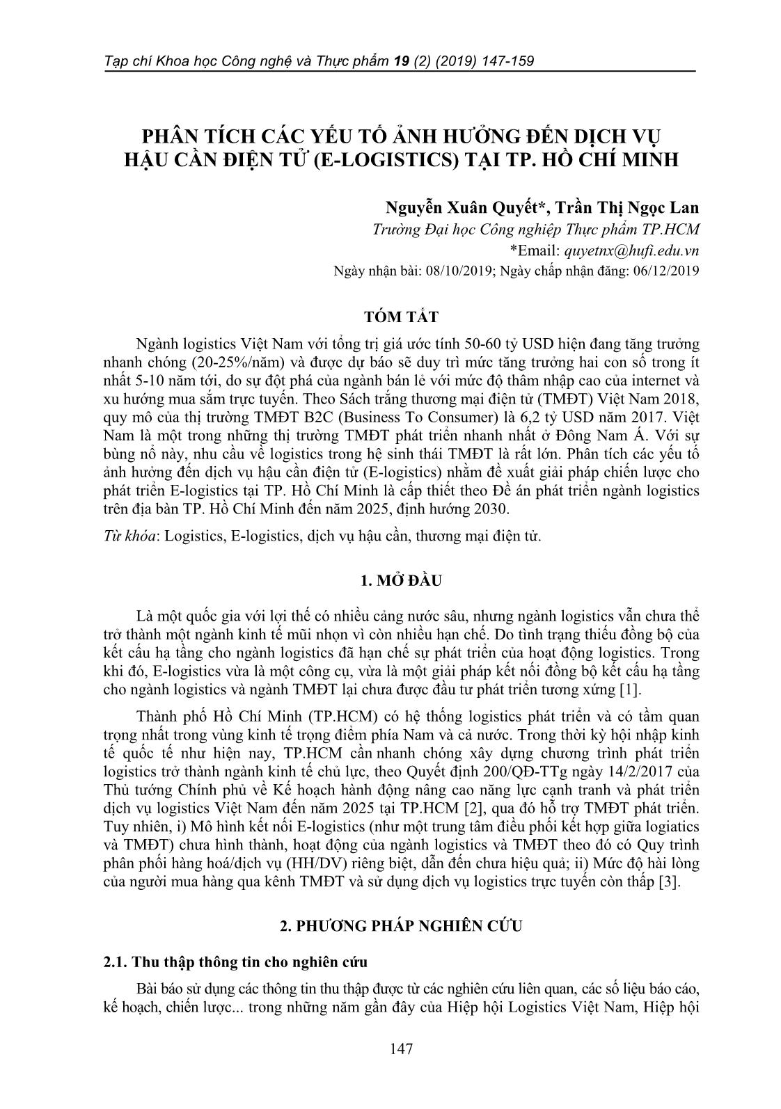 Phân tích các yếu tố ảnh hưởng đến dịch vụ hậu cần điện tử (E-Logistics) tại thành phố Hồ Chí Minh trang 1