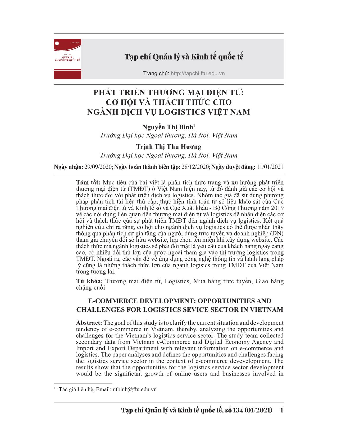 Phát triển thương mại điện tử: Cơ hội và thách thức cho ngành dịch vụ Logistics Việt Nam trang 1