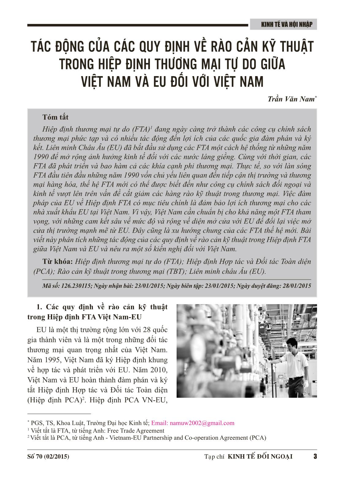 Tác động của các quy định về rào cản kỹ thuật trong hiệp định thương mại tự do giữa Việt Nam và EU đối với Việt Nam trang 1