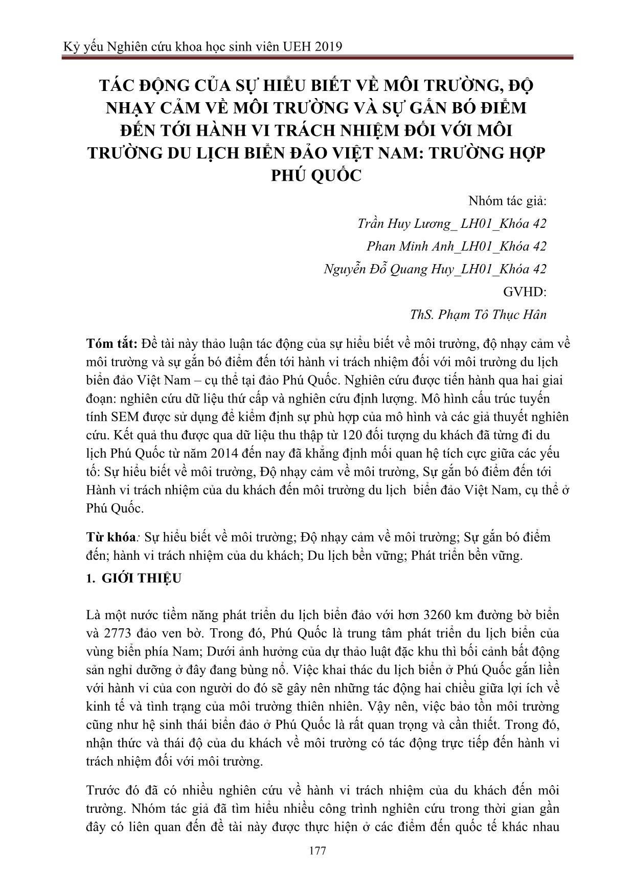 Tài liệu Tác động của sự hiểu biết về môi trường, độ nhạy cảm về môi trường và sự gắn bó điểm đến tới hành vi trách nhiệm đối với môi trường du lịch biển đảo Việt Nam: Trường hợp Phú Quốc trang 1