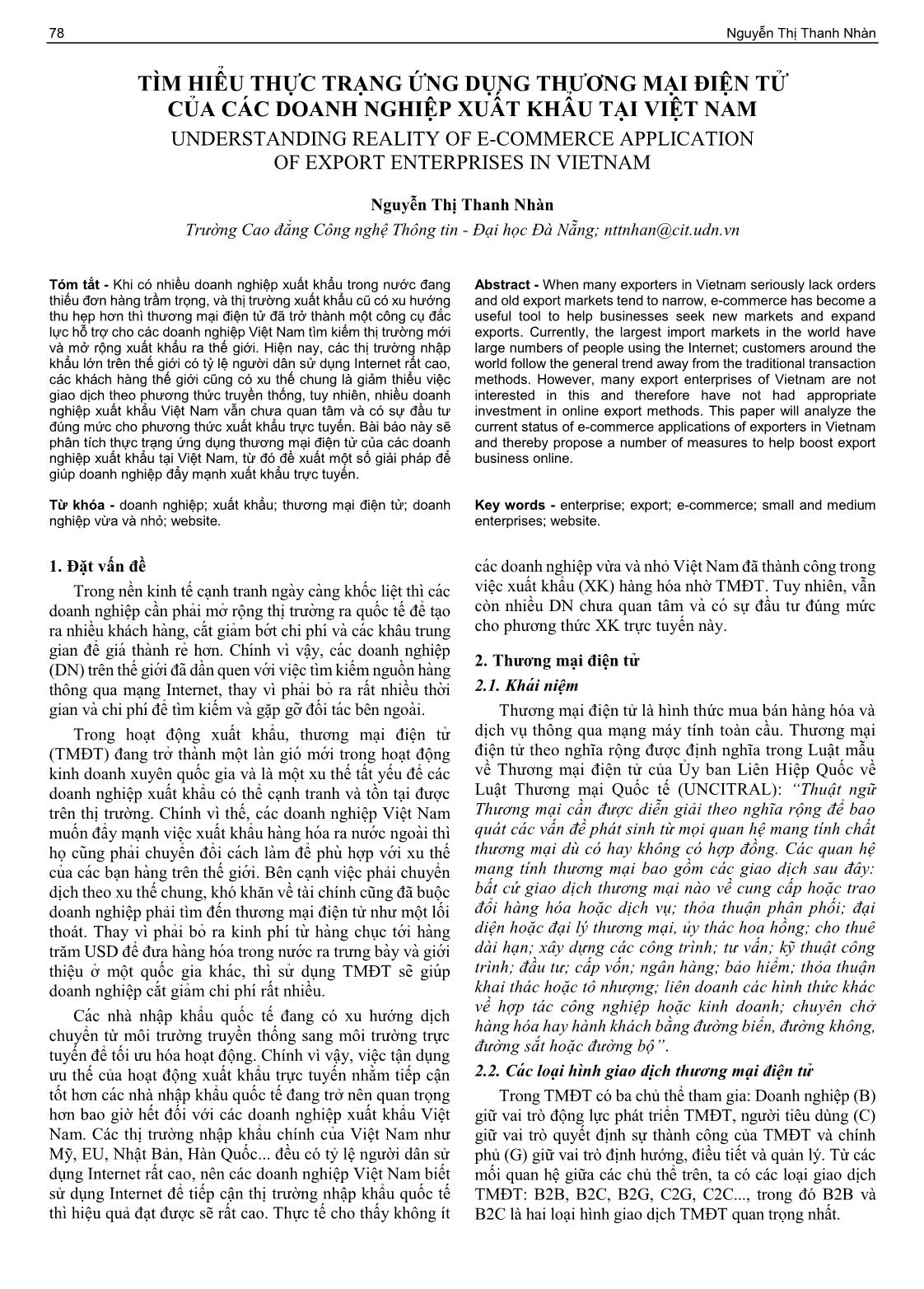 Tìm hiểu thực trạng ứng dụng thương mại điện tử của các doanh nghiệp xuất khẩu tại Việt Nam trang 1