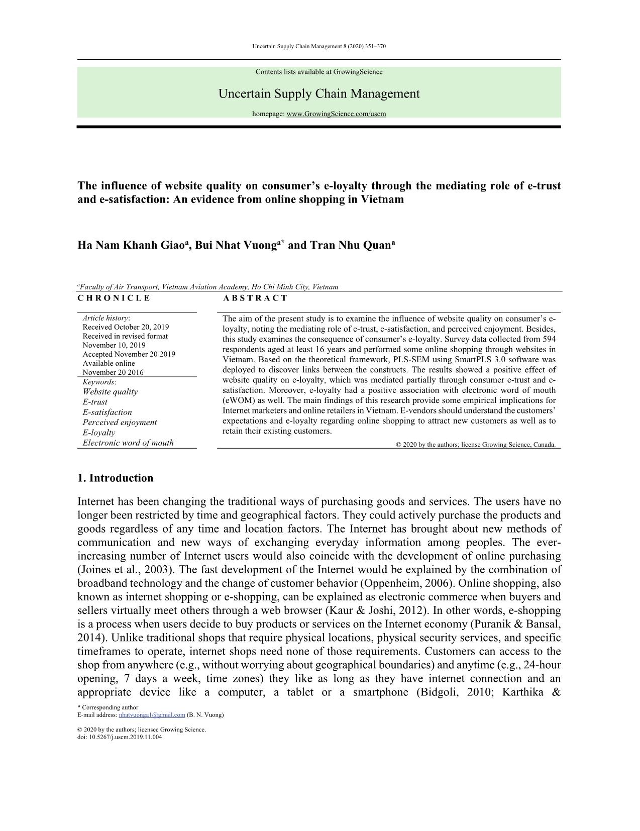 The influence of website quality on consumer’s e-loyalty through the mediating role of e-trust and e-satisfaction: An evidence from online shopping in Viet Nam trang 1