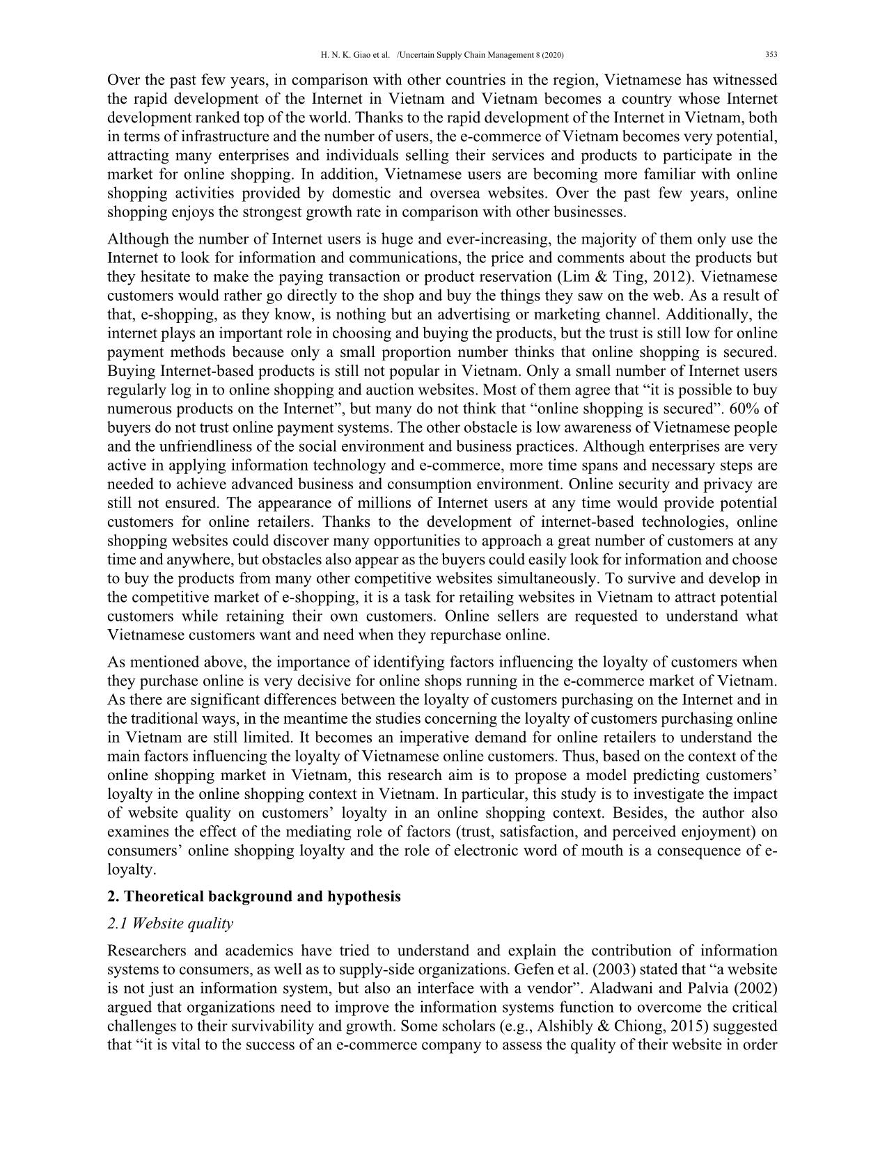 The influence of website quality on consumer’s e-loyalty through the mediating role of e-trust and e-satisfaction: An evidence from online shopping in Viet Nam trang 3