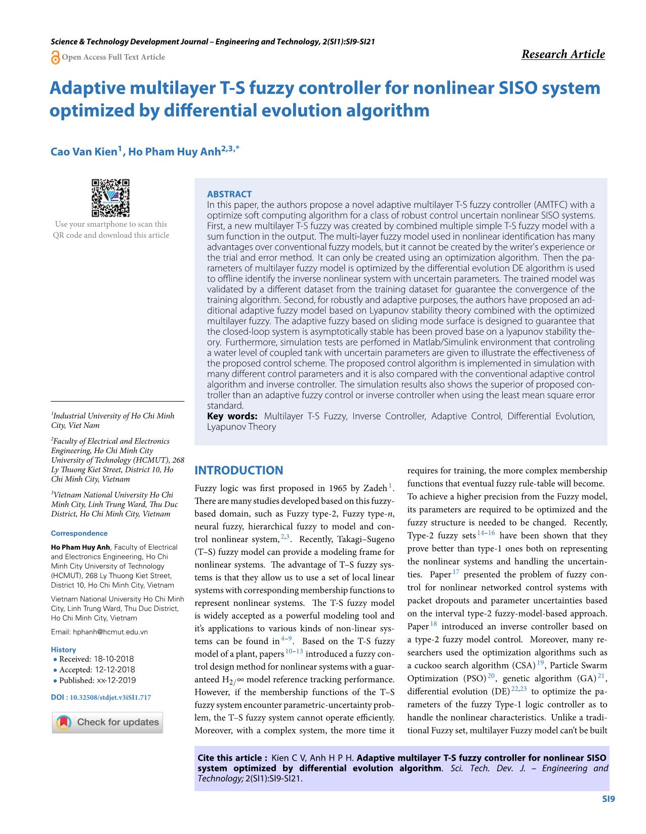 Adaptive multilayer T-S fuzzy controller for nonlinear siso system optimized by differential evolution algorithm trang 1
