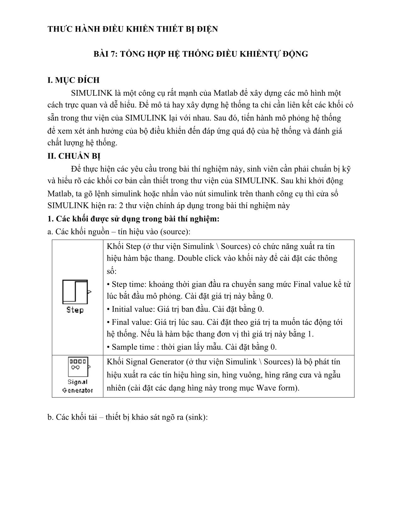 Giáo trình Thực hành điều khiển thiết bị điện - Bài 7: Tổng hợp hệ thống điều khiển tự động trang 1