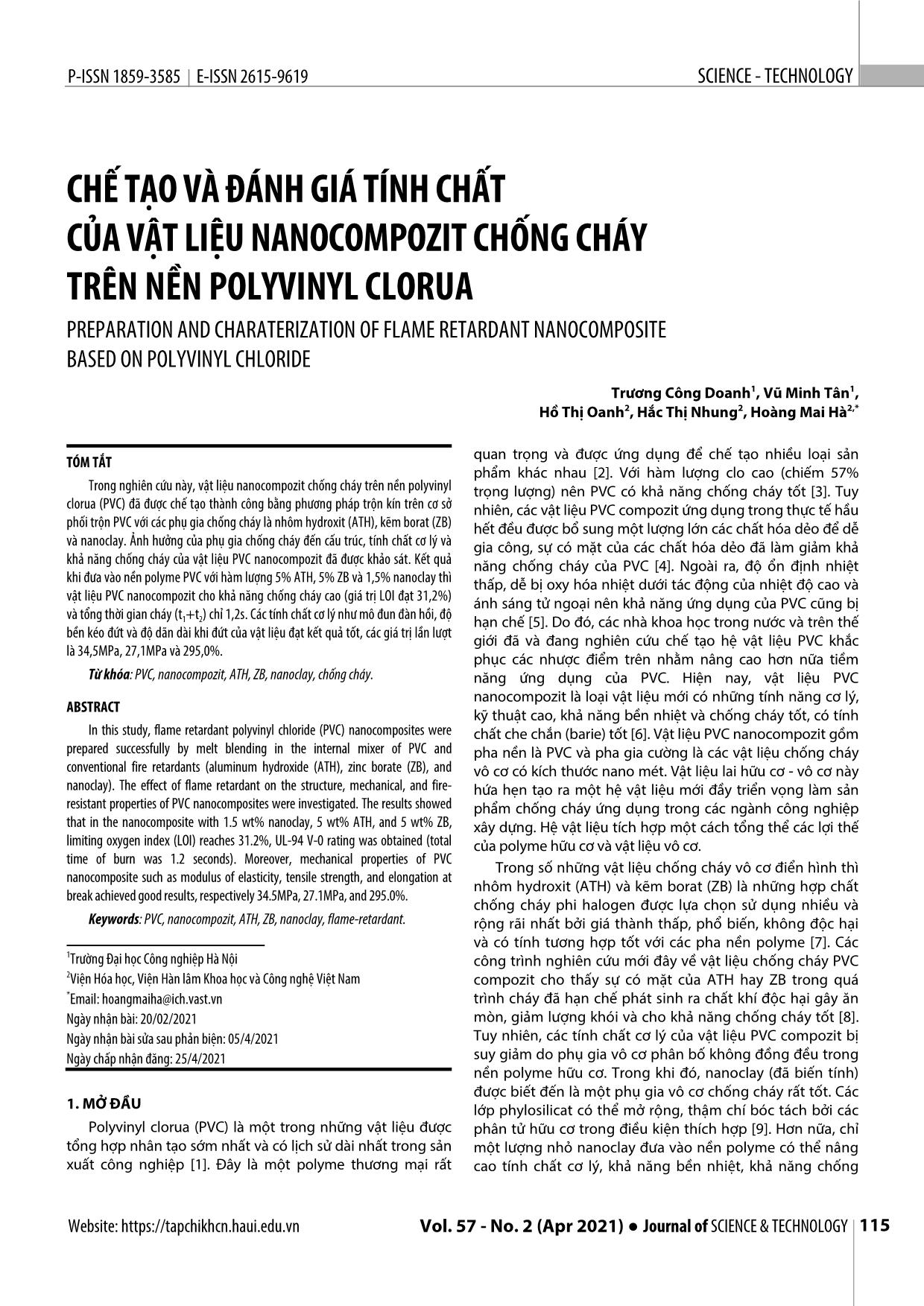 Chế tạo và đánh giá tính chất của vật liệu Nanocompozit chống cháy trên nền Polyvinyl Clorua trang 1