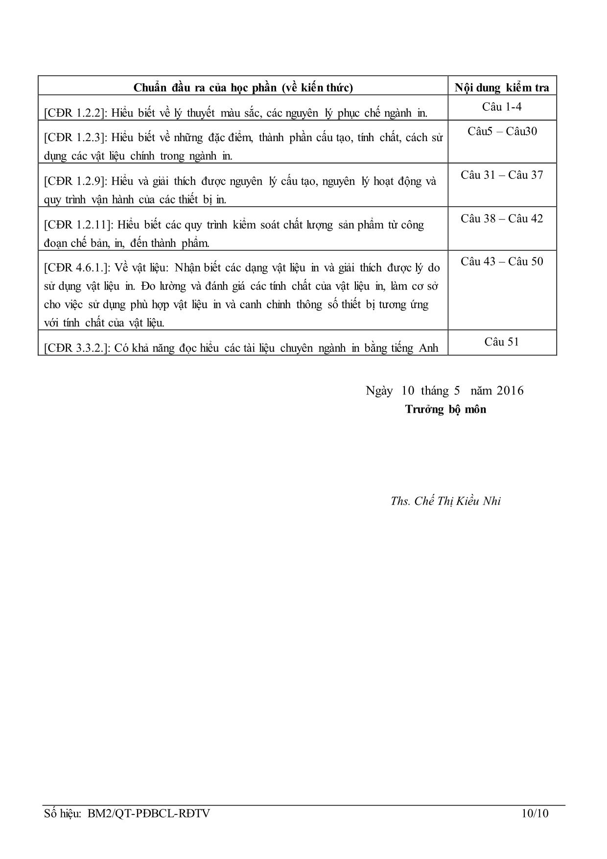 Đề thi cuối học kỳ 2 môn Vật liệu in - Năm học 2015-2016 - Mã đề 01 trang 10