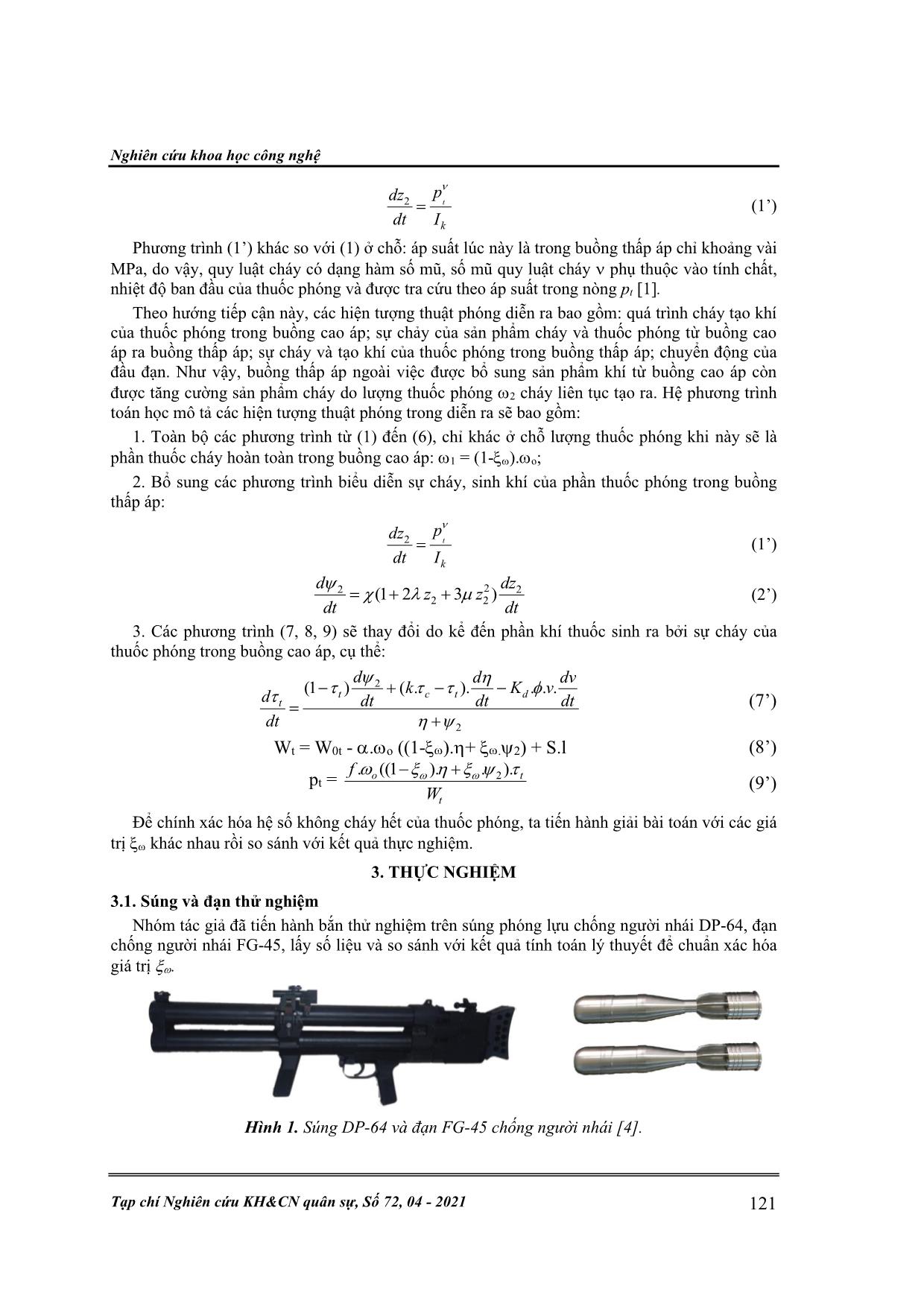 Mô hình thuật phóng trong của hệ súng phóng lựu có tính đến thuốc phóng cháy không hoàn toàn trong buồng cao áp trang 3