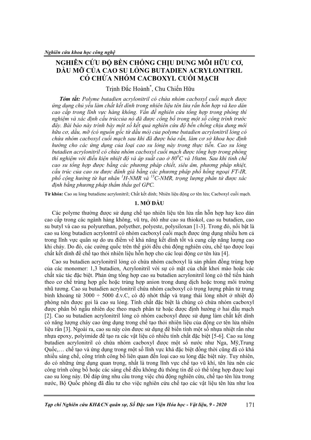 Nghiên cứu độ bền chống chịu dung môi hữu cơ, dầu mỡ của cao su lỏng butadien acrylonitril có chứa nhóm Cacboxyl cuối mạch trang 1