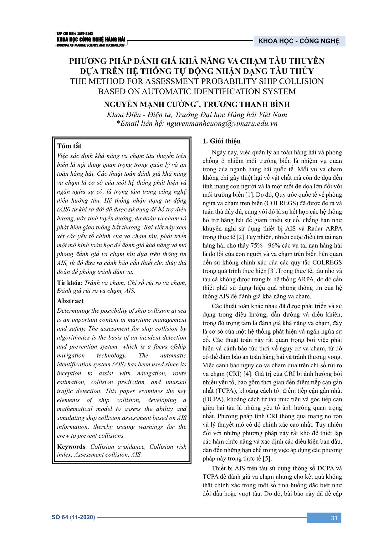 Phương pháp đánh giá khả năng va chạm tàu thuyền dựa trên hệ thống tự động nhận dạng tàu thủy trang 1