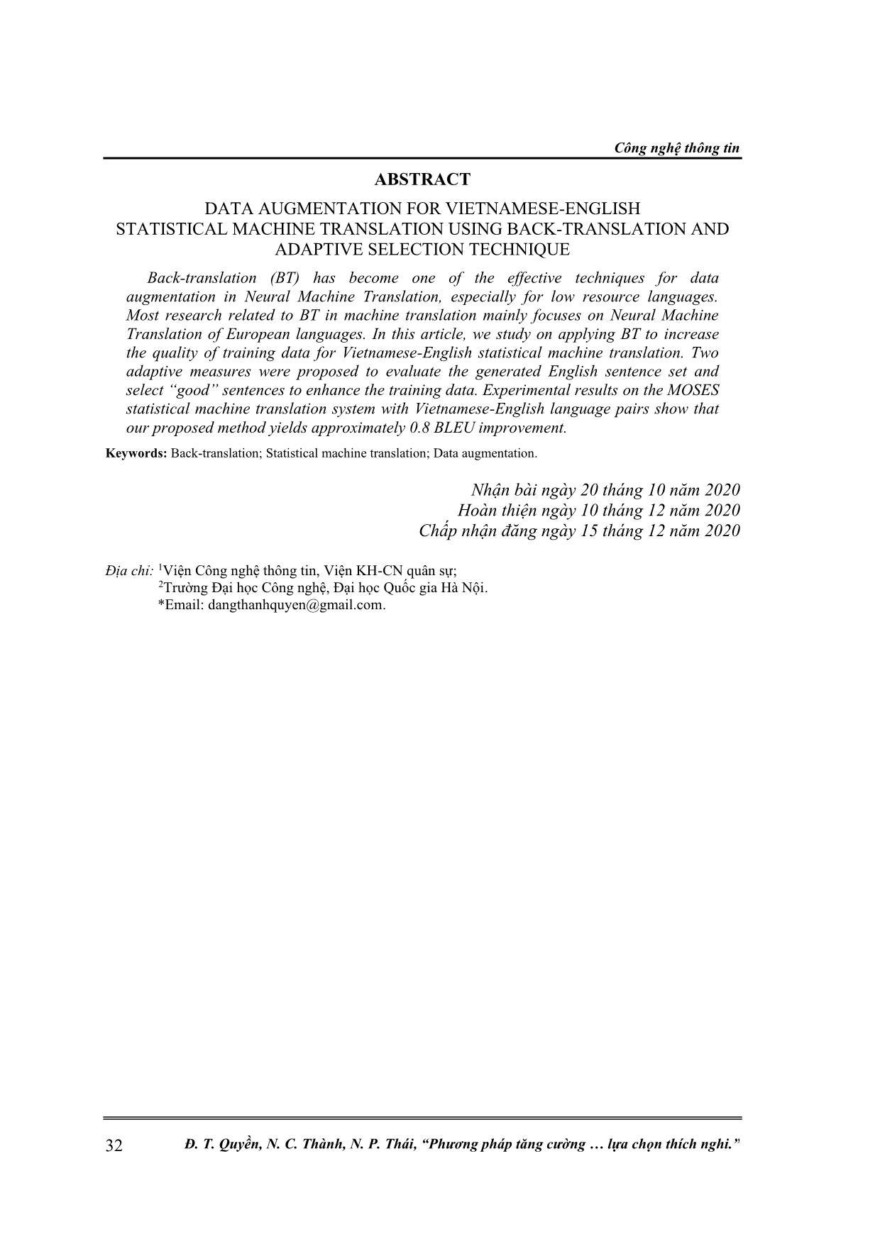 Phương pháp tăng cường dữ liệu huấn luyện dịch máy thống kê cặp ngôn ngữ Việt - Anh bằng kỹ thuật back - translation và lựa chọn thích nghi trang 10