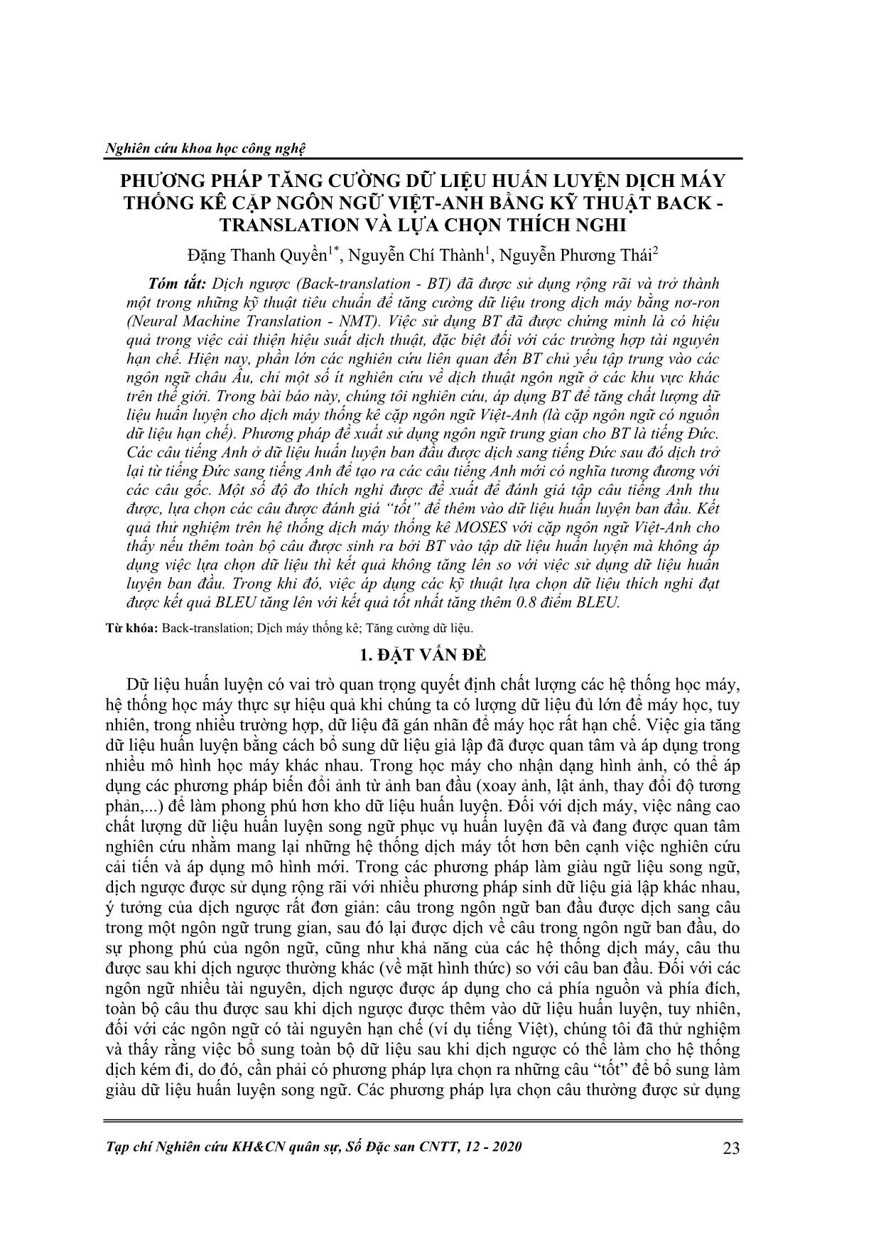 Phương pháp tăng cường dữ liệu huấn luyện dịch máy thống kê cặp ngôn ngữ Việt - Anh bằng kỹ thuật back - translation và lựa chọn thích nghi trang 1
