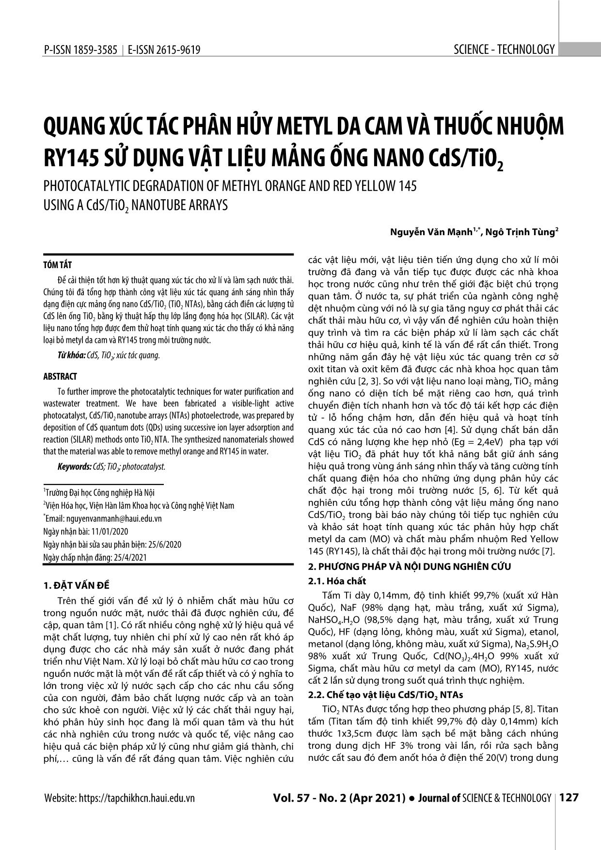 Quang xúc tác phân hủy metyl da cam và thuốc nhuộm RY145 sử dụng vật liệu mảng ống nano CdS/TiO2 trang 1