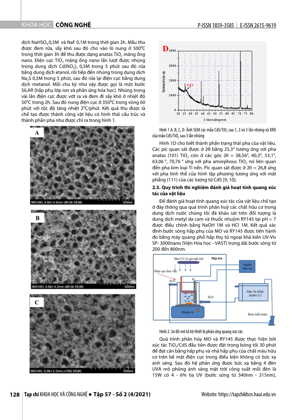 Quang xúc tác phân hủy metyl da cam và thuốc nhuộm RY145 sử dụng vật liệu mảng ống nano CdS/TiO2 trang 2