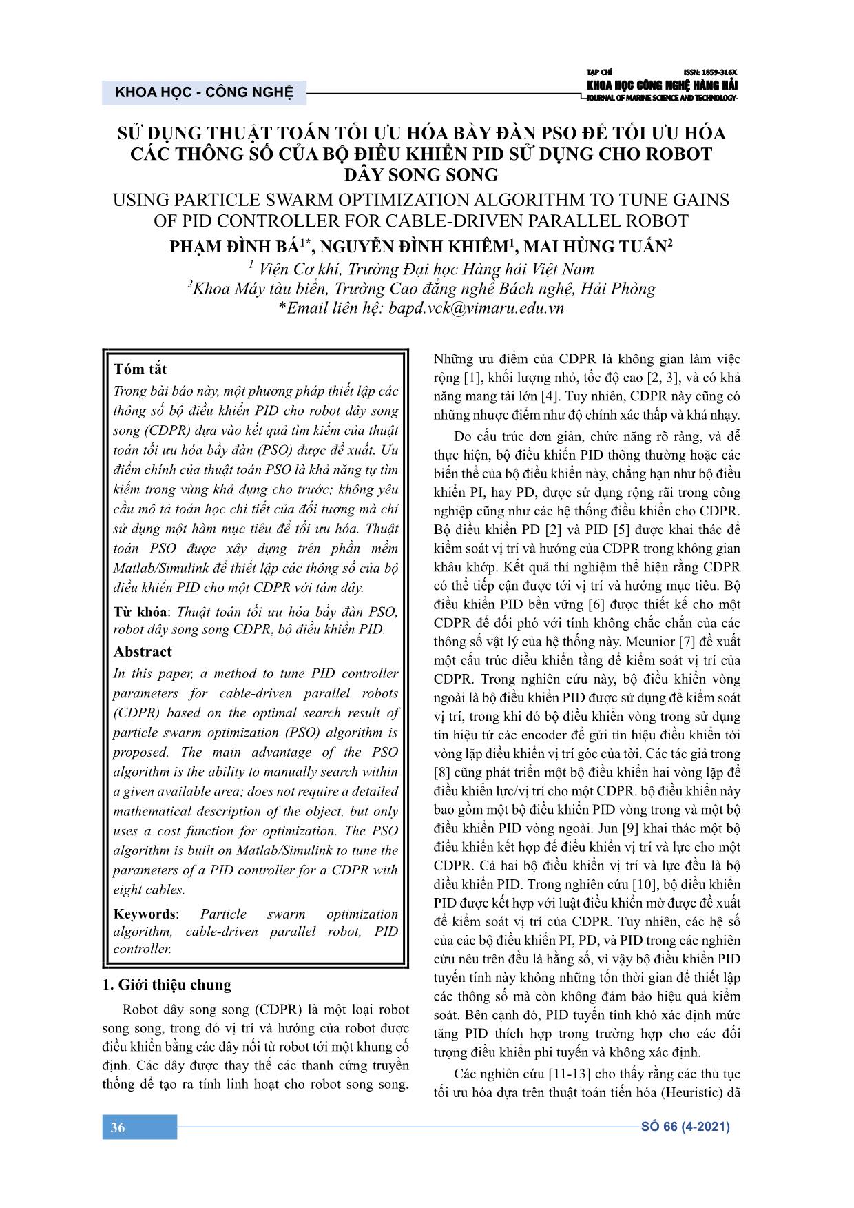 Sử dụng thuật toán tối ưu hóa bầy đàn pso để tối ưu hóa các thông số của bộ điều khiển PID sử dụng cho robot dây song song trang 1