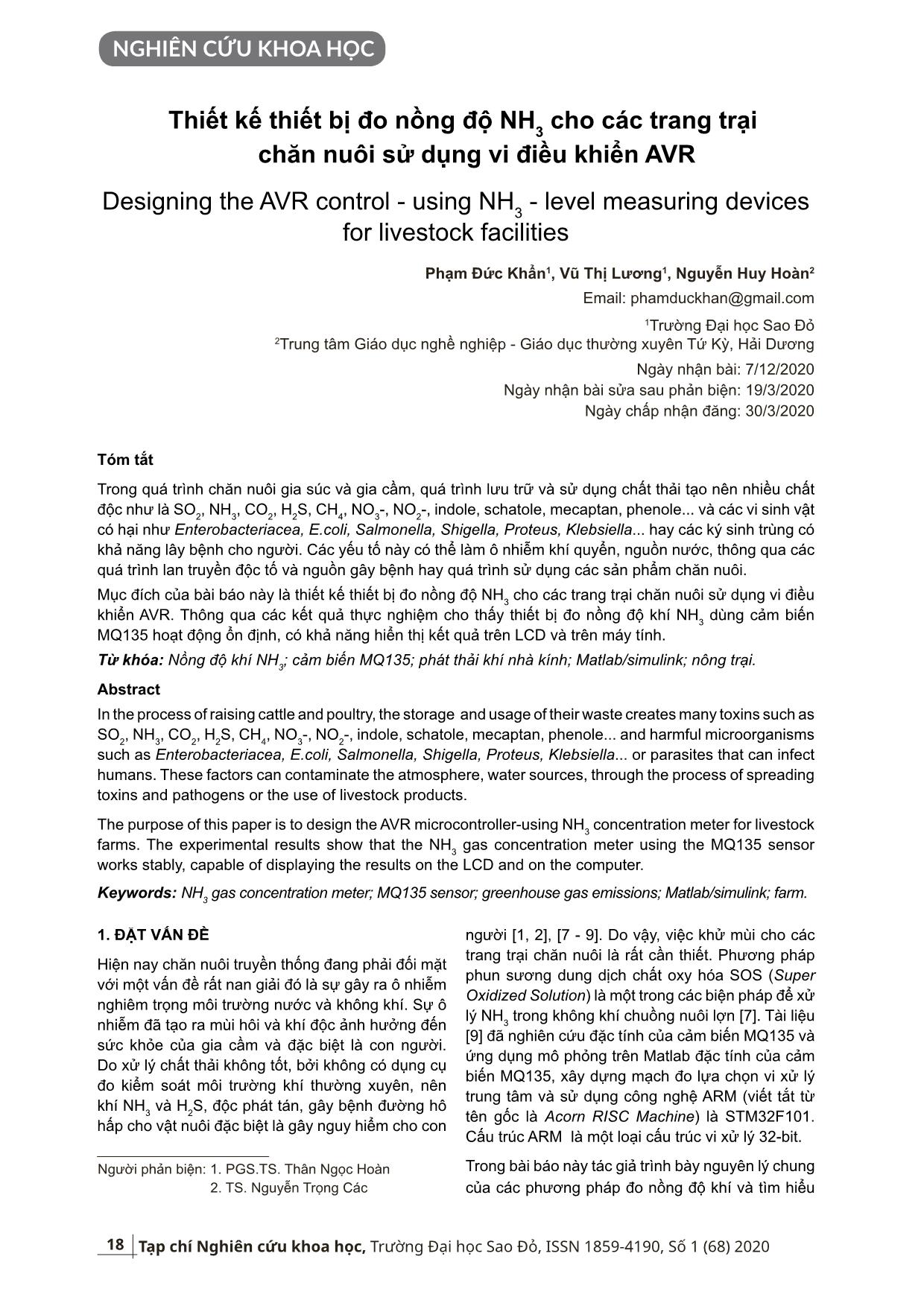 Thiết kế thiết bị đo nồng độ NH3 cho các trang trại chăn nuôi sử dụng vi điều khiển AVR trang 1
