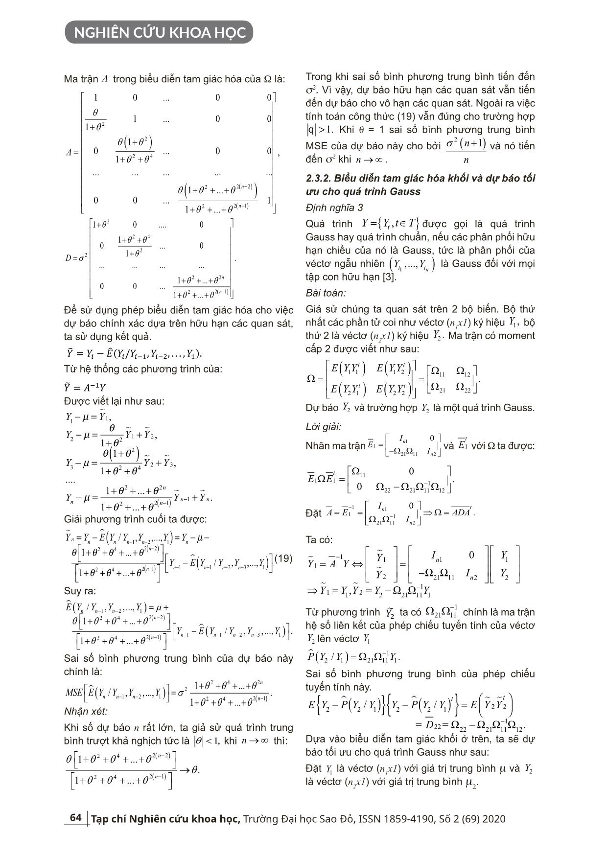 Sử dụng tam giác hóa ma trận trong dự báo quá trình hữu hạn các quan sát MA(1), mở rộng cho dự báo quá trình Gauss trang 4
