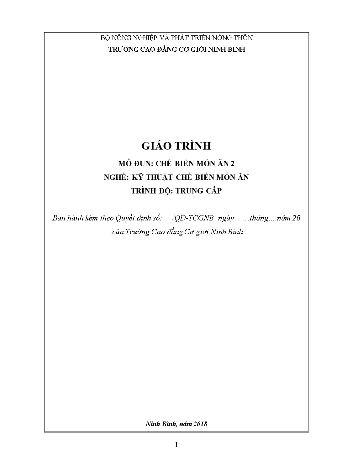 Giáo trình Kỹ thuật chế biến món ăn - Chế biến món ăn 2 trang 1