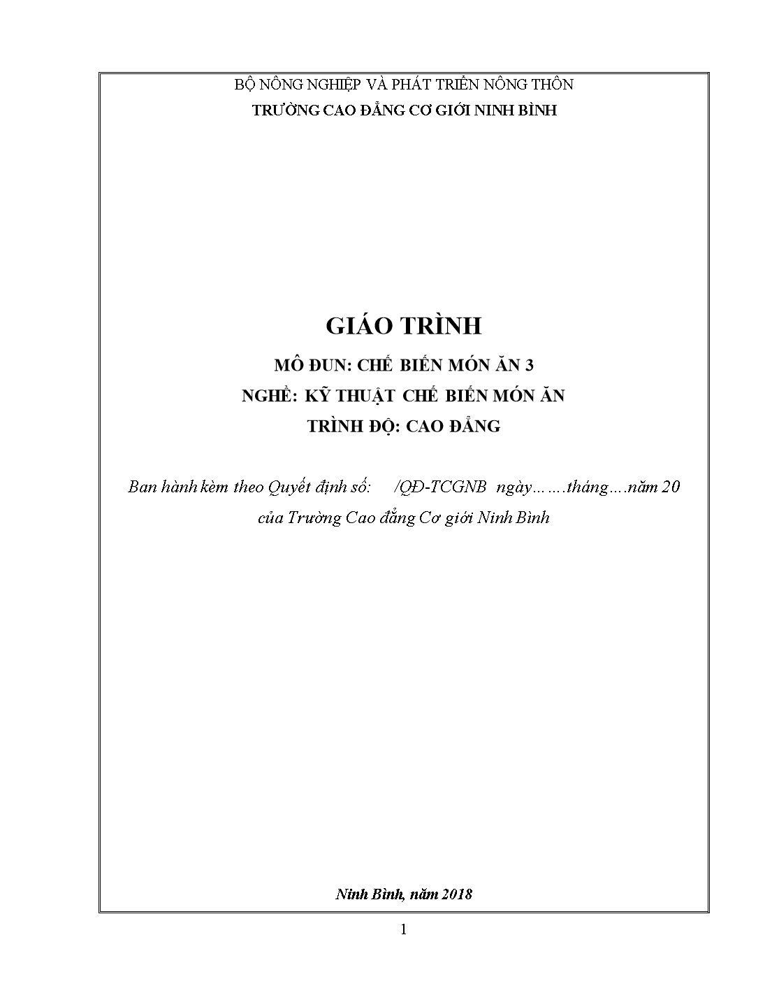 Giáo trình Kỹ thuật chế biến món ăn - Chế biến món ăn 3 trang 1