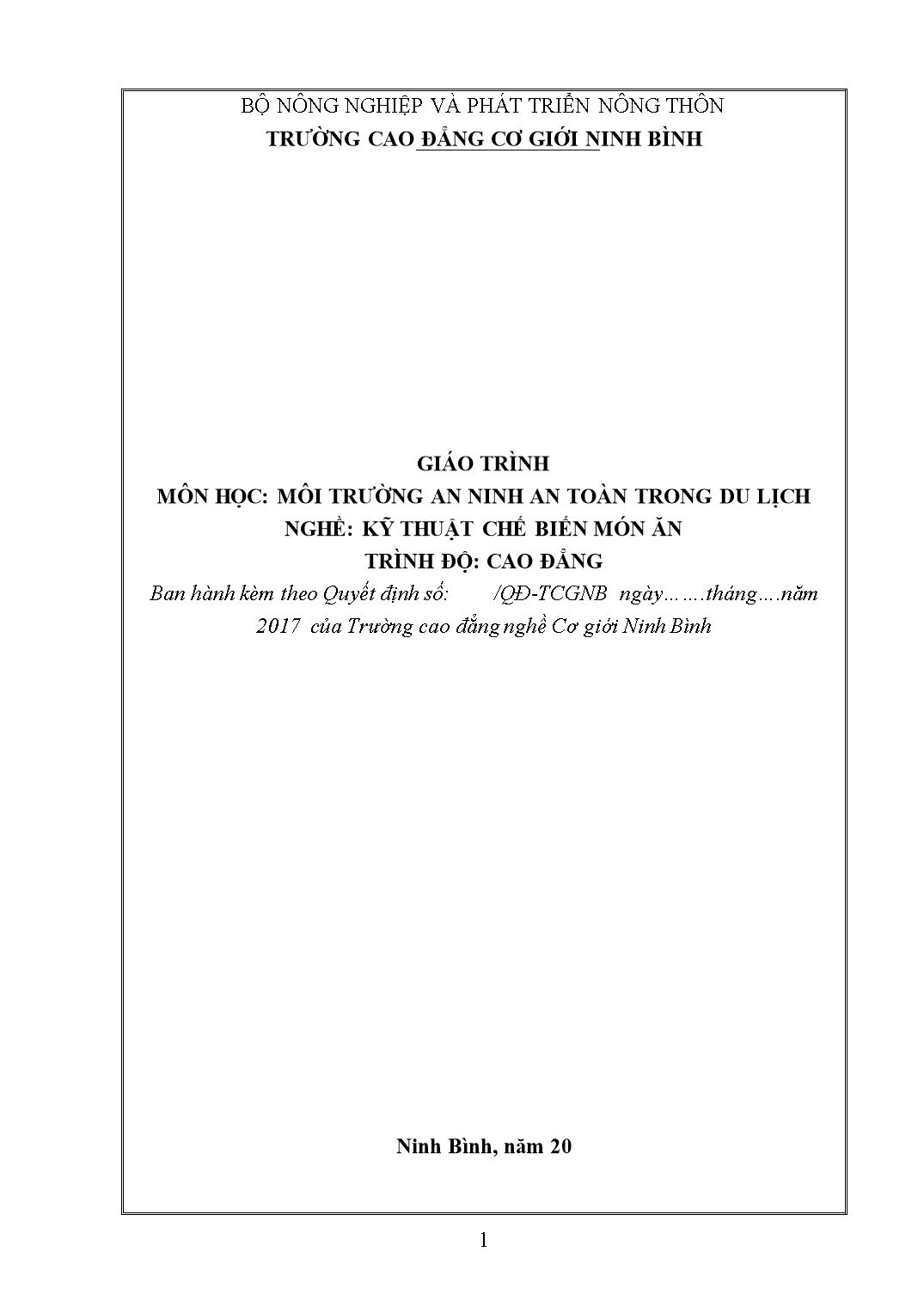 Giáo trình Kỹ thuật chế biến món ăn - Môi trường an ninh an toàn trong du lịch trang 1