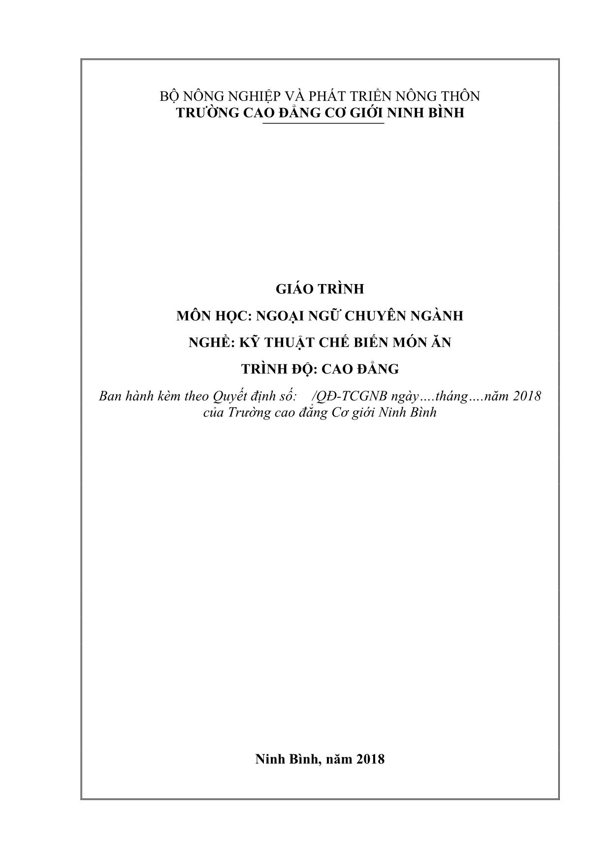 Giáo trình Kỹ thuật chế biến món ăn - Ngoại ngữ chuyên ngành trang 1