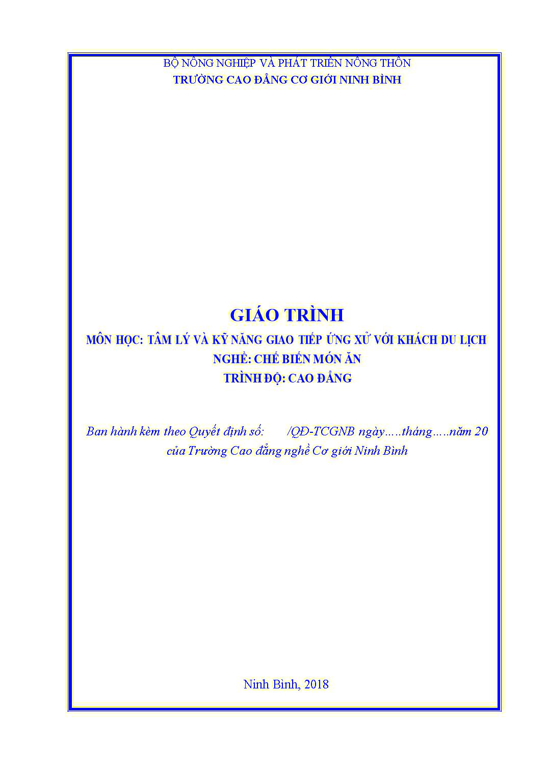 Giáo trình Chế biến món ăn - Tâm lý và kỹ năng giao tiếp ứng xử với khách du lịch trang 1