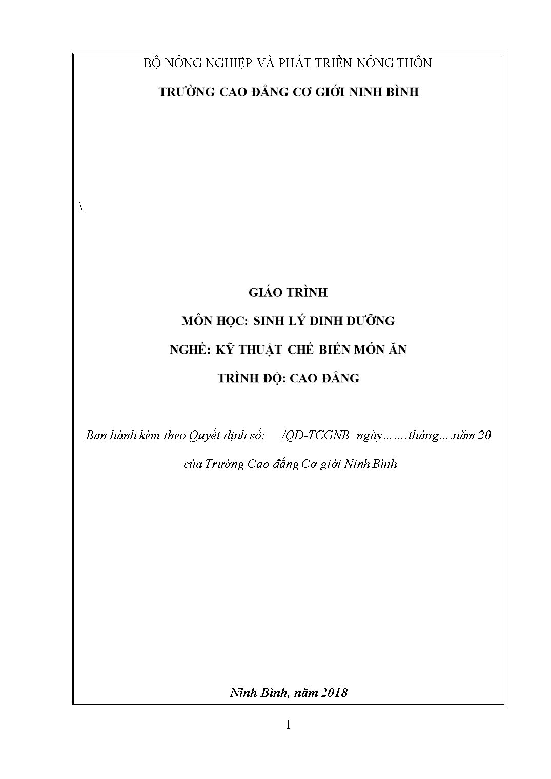 Giáo trình Kỹ thuật chế biến món ăn - Sinh lý dinh dưỡng trang 1